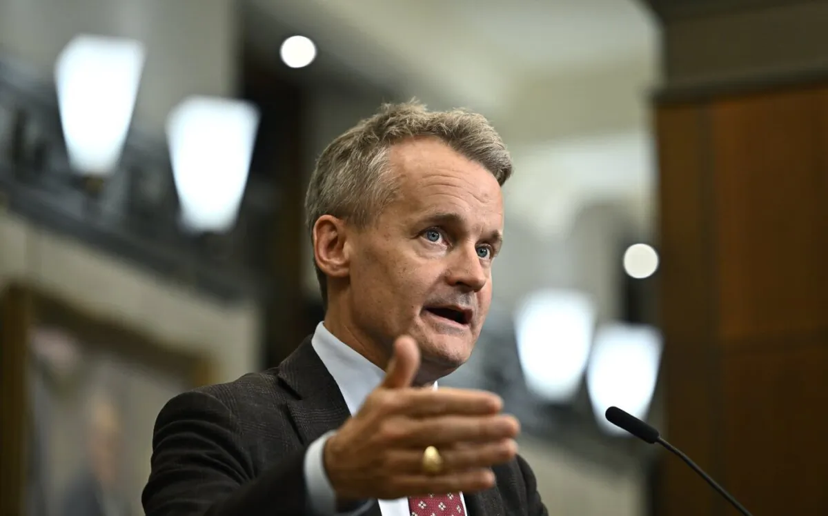 Minister of Labour and Seniors Seamus O’Regan speaks to reporters in the foyer of the House of Commons on Parliament Hill in Ottawa, on Oct. 19, 2023. (The Canadian Press/Justin Tang)