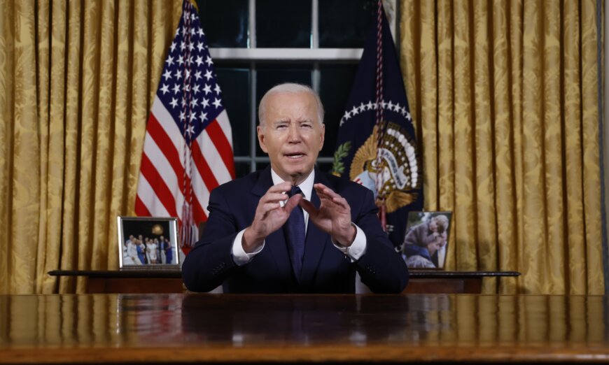 Biden urges backing for Israel, Ukraine in Oval Office speech.