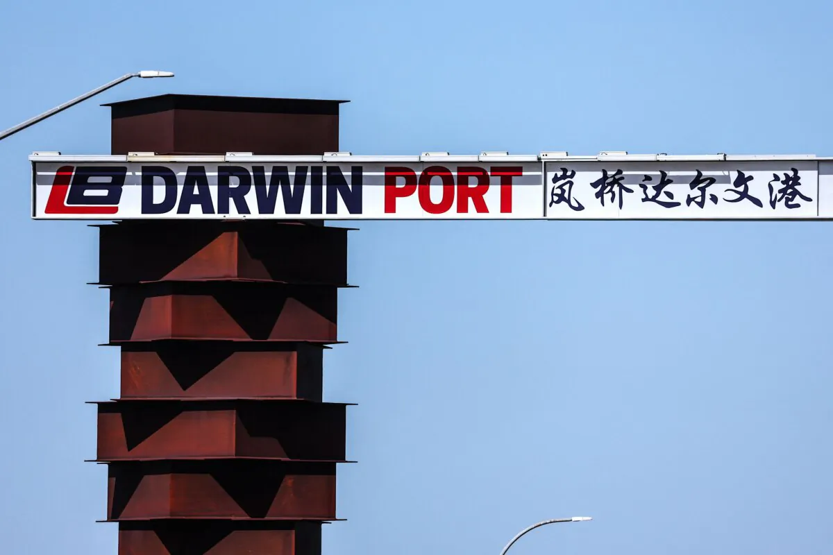 This picture taken on Aug. 28, 2023 shows a sign displayed at the entrance to the Darwin Port in the Northern Territory city of Darwin. (David Gray/AFP via Getty Images)