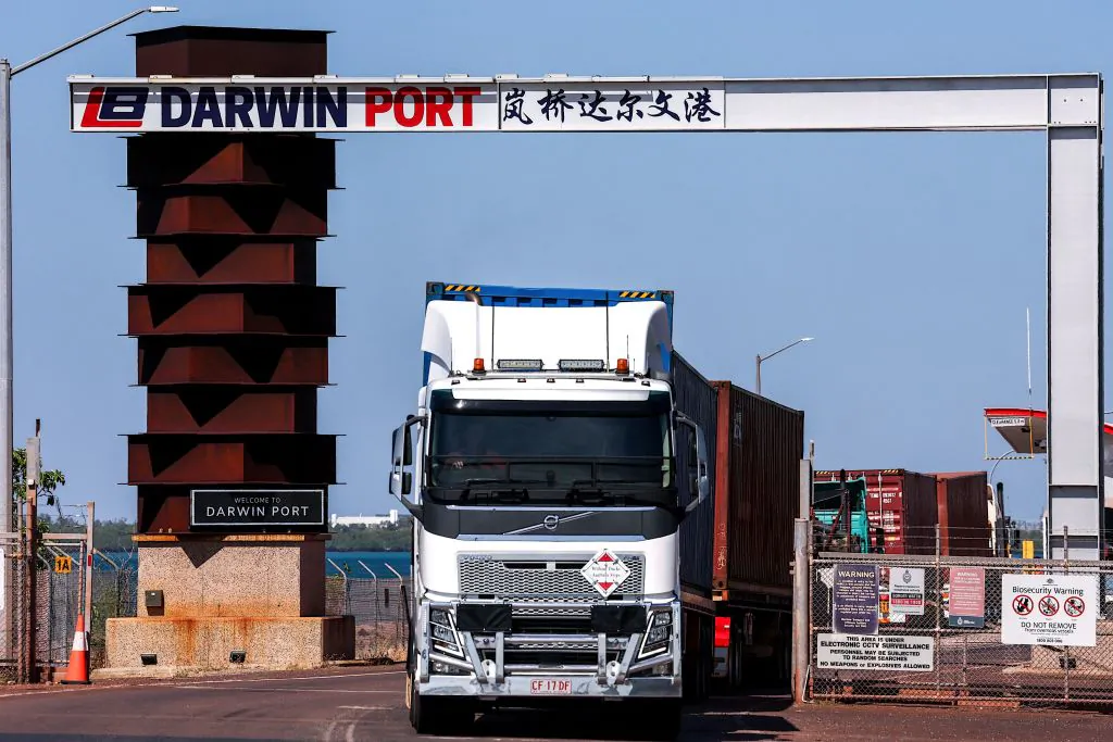 This picture taken on Aug. 28, 2023, shows a sign displayed at the entrance to the Darwin Port in the Northern Territory city of Darwin in Australia. (David Gray/AFP via Getty Images)