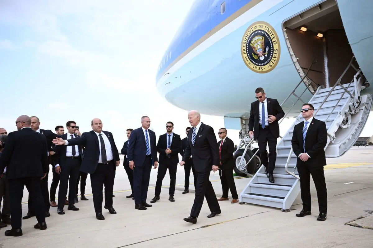 U.S. President Joe Biden disembarks upon his arrival at Tel Aviv's Ben Gurion airport on Oct. 18, 2023, amid the ongoing battles between Israel and Palestinian terrorist group Hamas. (Brendan Smialowski/AFP via Getty Images)