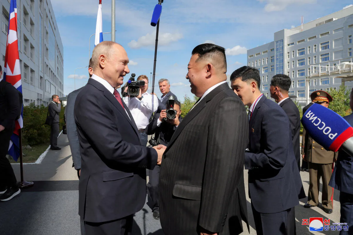 North Korean leader Kim Jong Un meets Russia's President Vladimir Putin at the Vostochny osmodrome in the Amur Oblast of the Far East Region, Russia, on Sept. 13, 2023. (KCNA via Reuters)