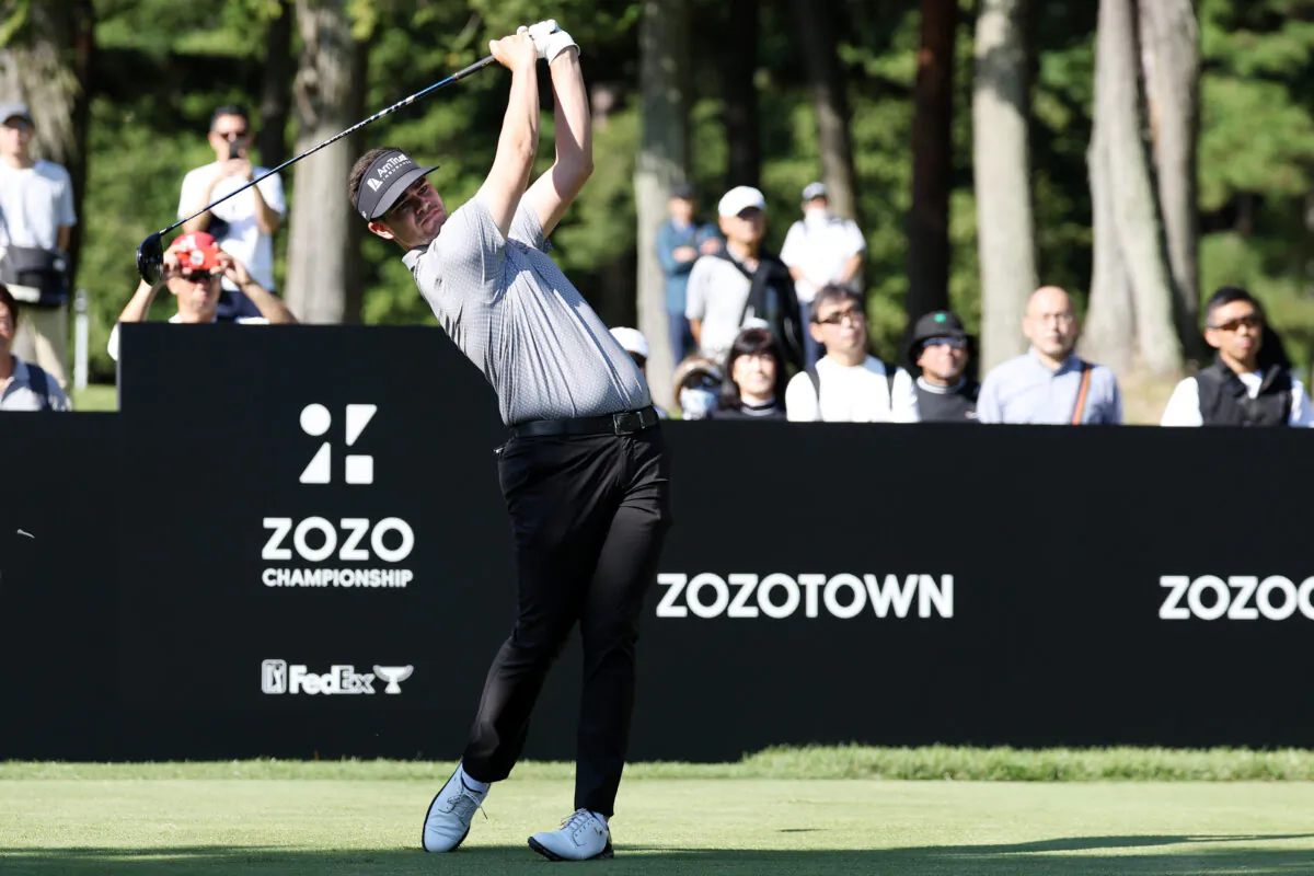 Beau Hossler of the United States hits his tee shot on the 11th hole during the second round of ZOZO Championship at Accordia Golf Narashino Country Club in Inzai, Chiba, Japan, on Oct. 20, 2023. (Lintao Zhang/Getty Images)