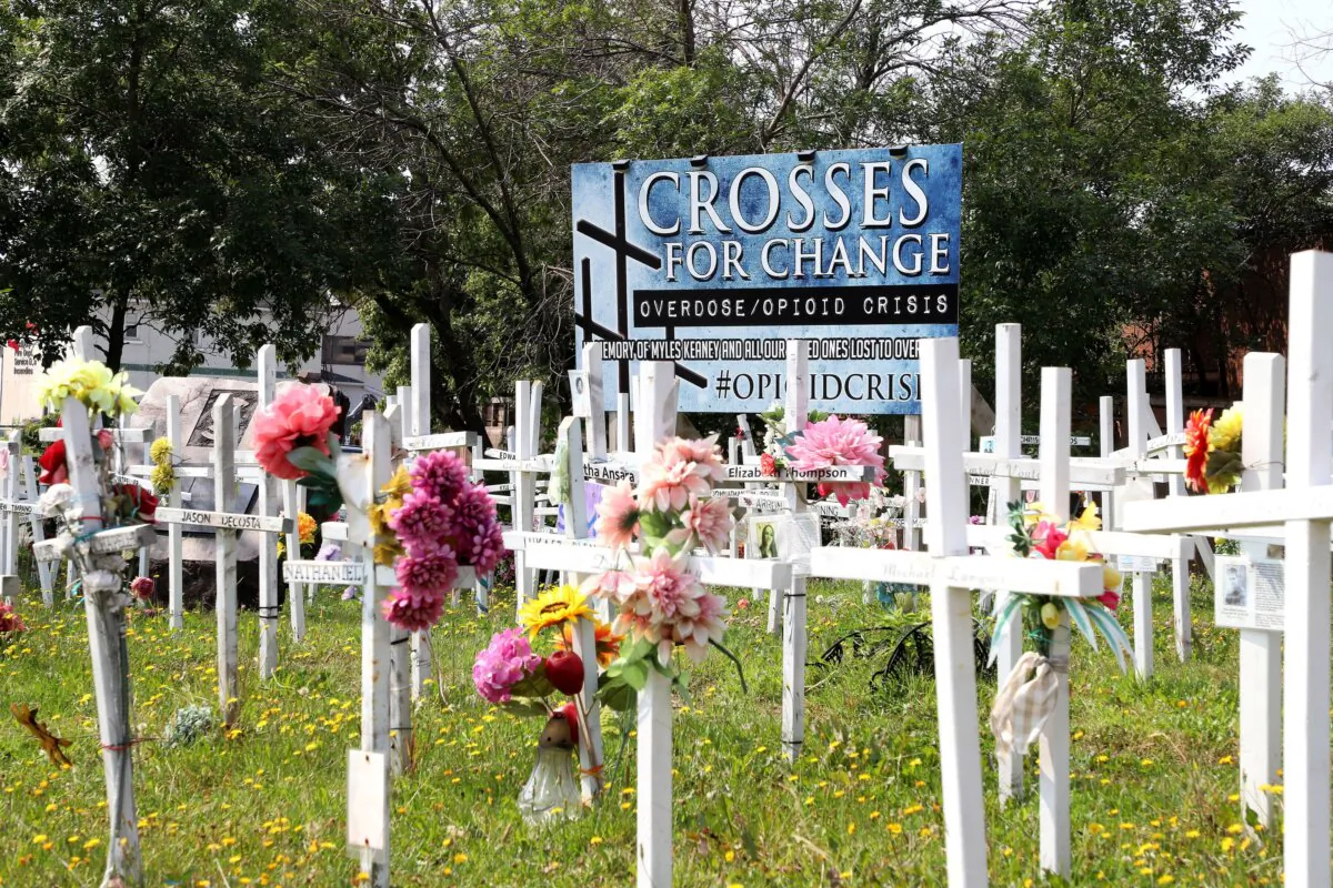 A memorial to victims of the opioid crisis in downtown Sudbury, Ont., on Aug. 9, 2023. (The Canadian Press/Gino Donato)