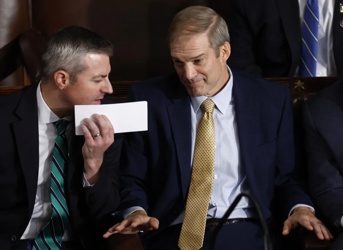 Rep. Jim Jordan (R-Ohio) (R), Republican Speaker designee, talks to his Chief of Staff Kevin Eichinger as the House of Representatives votes for a third time on whether to elevate Jordan to Speaker of the House in the U.S. Capitol on Oct. 20, 2023 in Washington. (Chip Somodevilla/Getty Images)