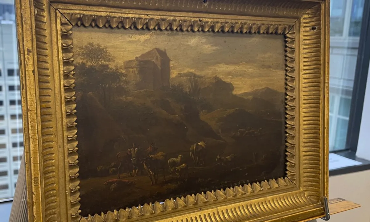 The 18th century painting titled "Landscape of Italian Character" by Vienna-born artist Johann Franz Nepomuk Lauterer in Chicago on Oct. 19, 2023. (Claire Savage/AP Photo)