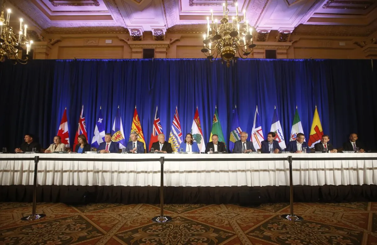 Canada’s premiers gathered during the closing news conference at the Council of the Federation meeting at The Fort Garry Hotel in Winnipeg, on July 12, 2023. (The Canadian Press/John Woods)