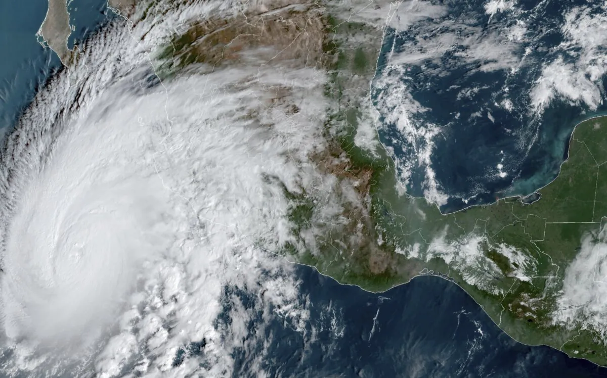 A satellite image shows Hurricane Norma approaching the southern tip of the Baja California peninsula on Mexico's Pacific coast on Oct. 19, 2023. (NOAA via AP)
