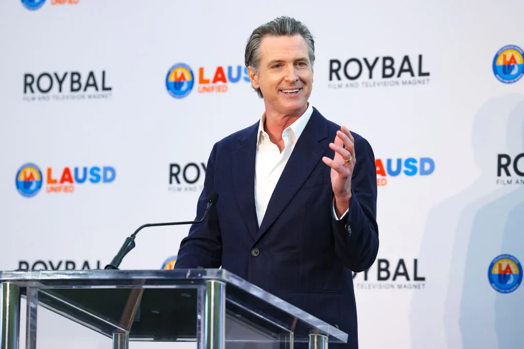 Gov. Gavin Newsom attends a pep rally to celebrate the second year of the Roybal Film and Television Production School in Los Angeles on Oct. 13, 2023. (Randy Shropshire/Getty Images for Entertainment Industry Foundation)