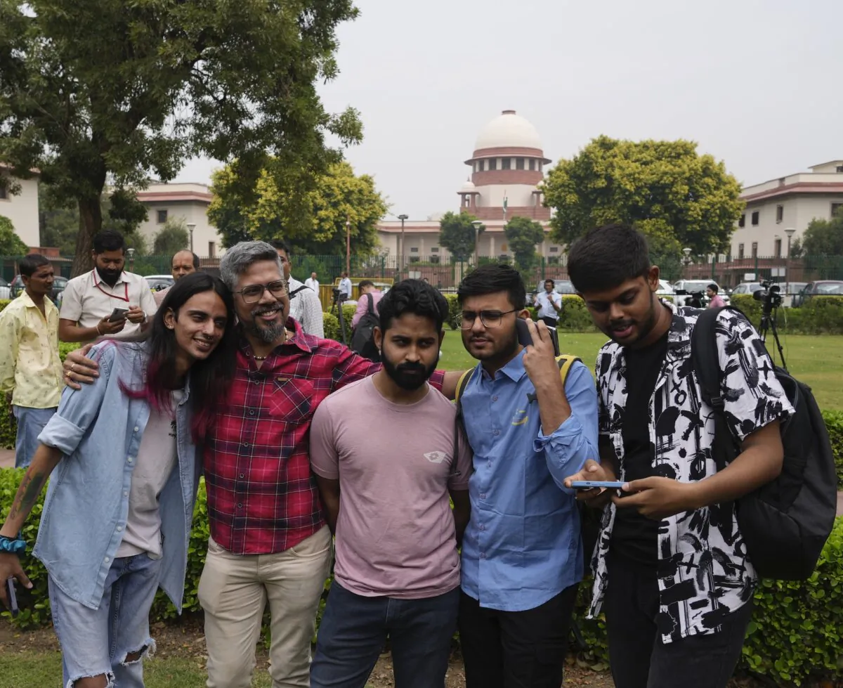 LGBTQ community supporters and members wait for the Supreme Court verdict on petitions that seek the legalization of same-sex marriage, in New Delhi, India, on Oct. 17, 2023. (Manish Swarup/AP Photo)