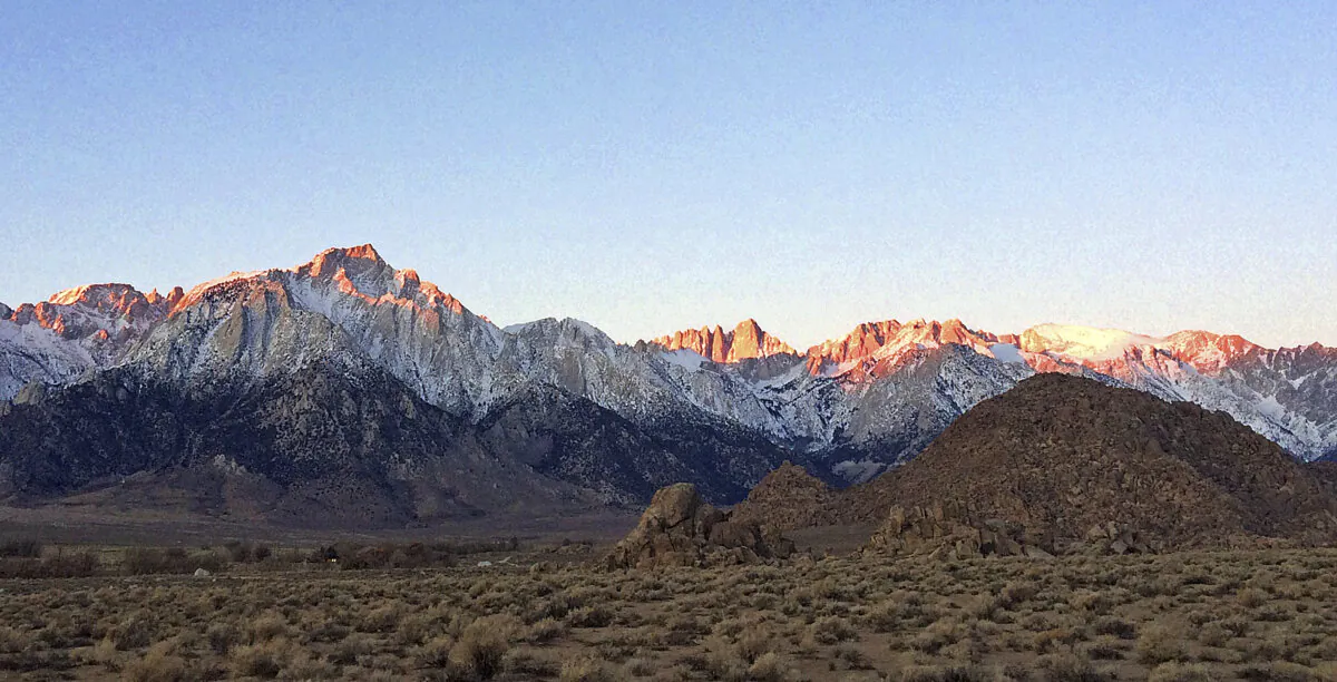 The eastern Sierra Nevada, with Mt. Whitney, the largest of three pinnacles at center, near Lone Pine, Calif., on Dec. 21, 2016. (Brian Melley/AP Photo)
