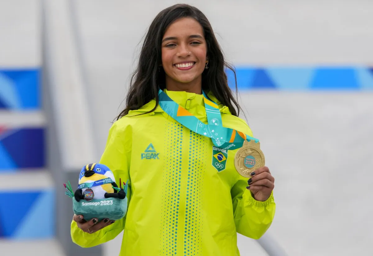 Brazil's Rayssa Leal shows the gold medal during the awards ceremony of the women's skateboarding street at the Pan American Games in Santiago, Chile, on Oct. 21, 2023. (Esteban Felix/AP Photo)