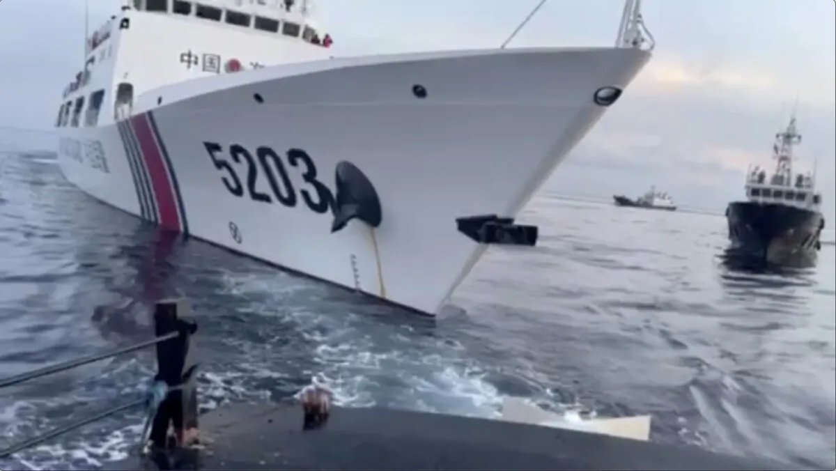 A Chinese coast guard ship with bow number 5203 after bumping a Philippine supply boat as it approached Second Thomas Shoal, also known as Ayungin Shoal, in the South China Sea, on Oct. 22, 2023. (Armed Forces of the Philippines via AP)