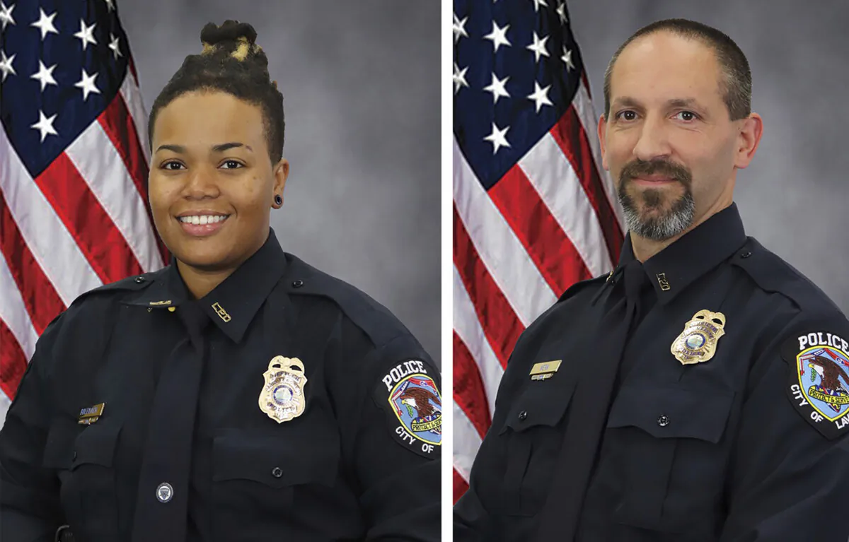 La Vergne Police Officers Ashely Boleyjack and Gregory Kern. Police in Tennessee were searching, on Oct. 22, 2023 for the estranged son of Nashville's police chief as the suspect in the shooting of the two police officers outside a Dollar General store. (City of La Vergne via AP)
