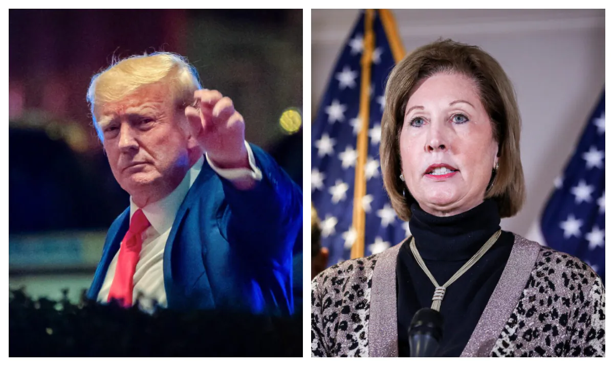 Former President Donald Trump as seen in a August 2022 photo. Lawyer Sidney Powell at a news conference on Nov. 19, 2020. (David ‘Dee’ Delgado/Reuters; Charlotte Cuthbertson/The Epoch Times)