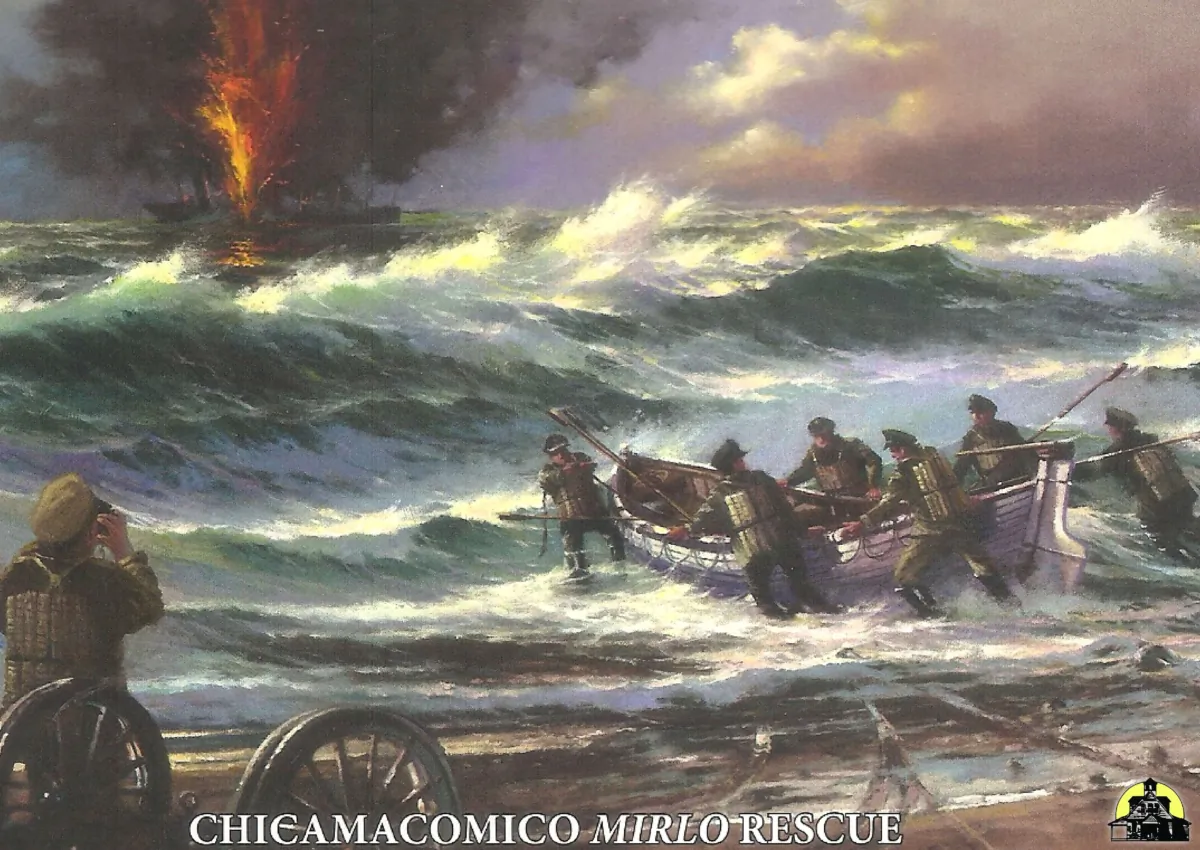 Postcard commemorating the 100th anniversary of the Chicamacomico Mirlo Rescue, by Austin Dwyer. (chicamacomico)