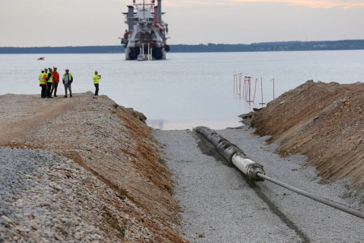 A view of the Balticconector pipeline as it is pulled into the sea in Paldiski, Estonia, in an undated handout photo taken in 2019. (ELERING/Handout via REUTERS/File Photo)