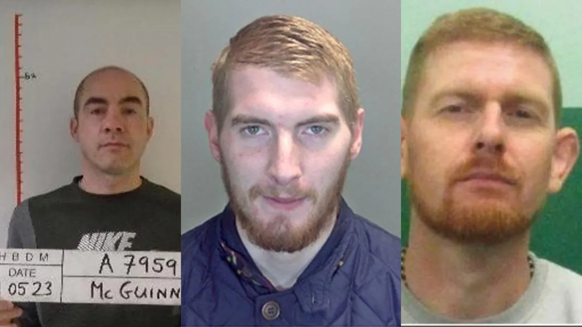 Three men—(L to R) Aidan McGuinness, Joshua Terry and Levi Mitchell—who absconded from HMP Hollesley Bay in Suffolk, England on Oct. 21, 2023. (Suffolk Police)