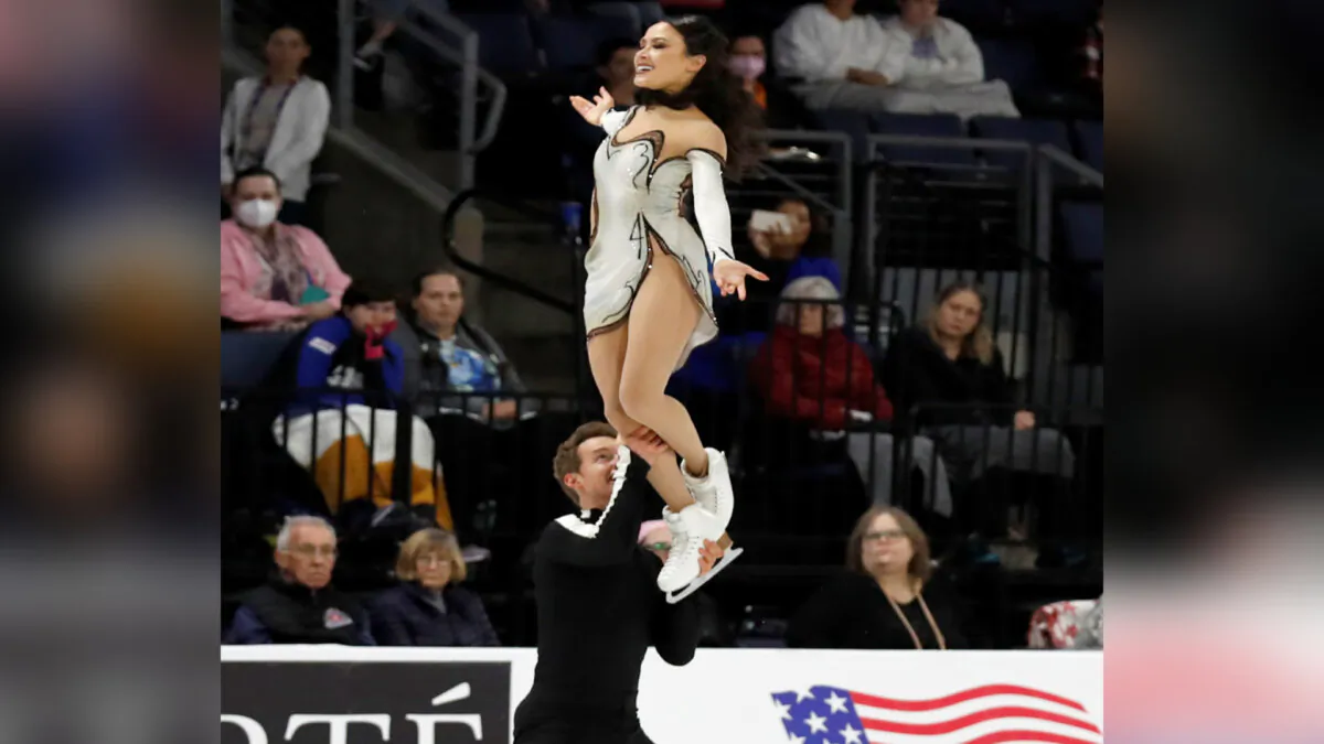 Madison Chock(T), and Evan Bates of the United States, compete in the ice dance free dance program during the Grand Prix Skate America Series in Allen, Texas on Oct. 22, 2023. (Roger Steinman/AP Photo)