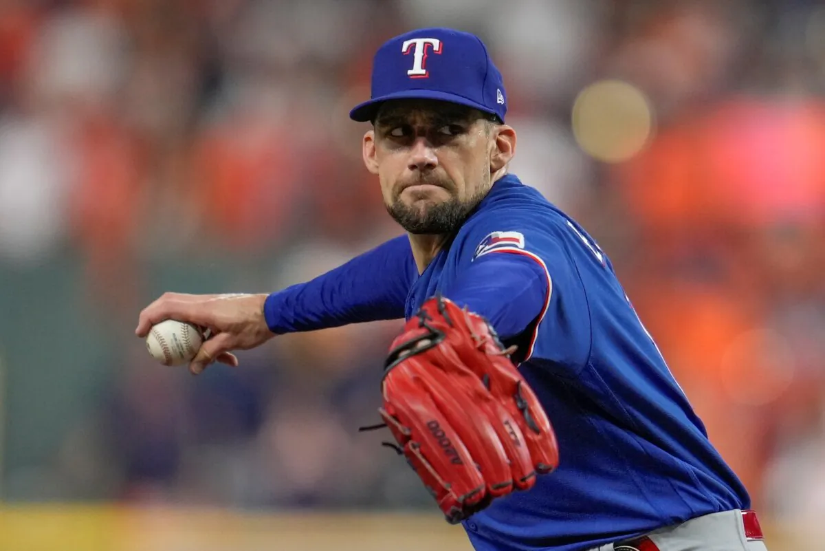 Texas Rangers starting pitcher Nathan Eovaldi thorws during the first inning of Game 6 of the baseball AL Championship Series against the Houston Astros in Houston on Oct. 22, 2023. (Godofredo A. Vásquez/AP Photo)