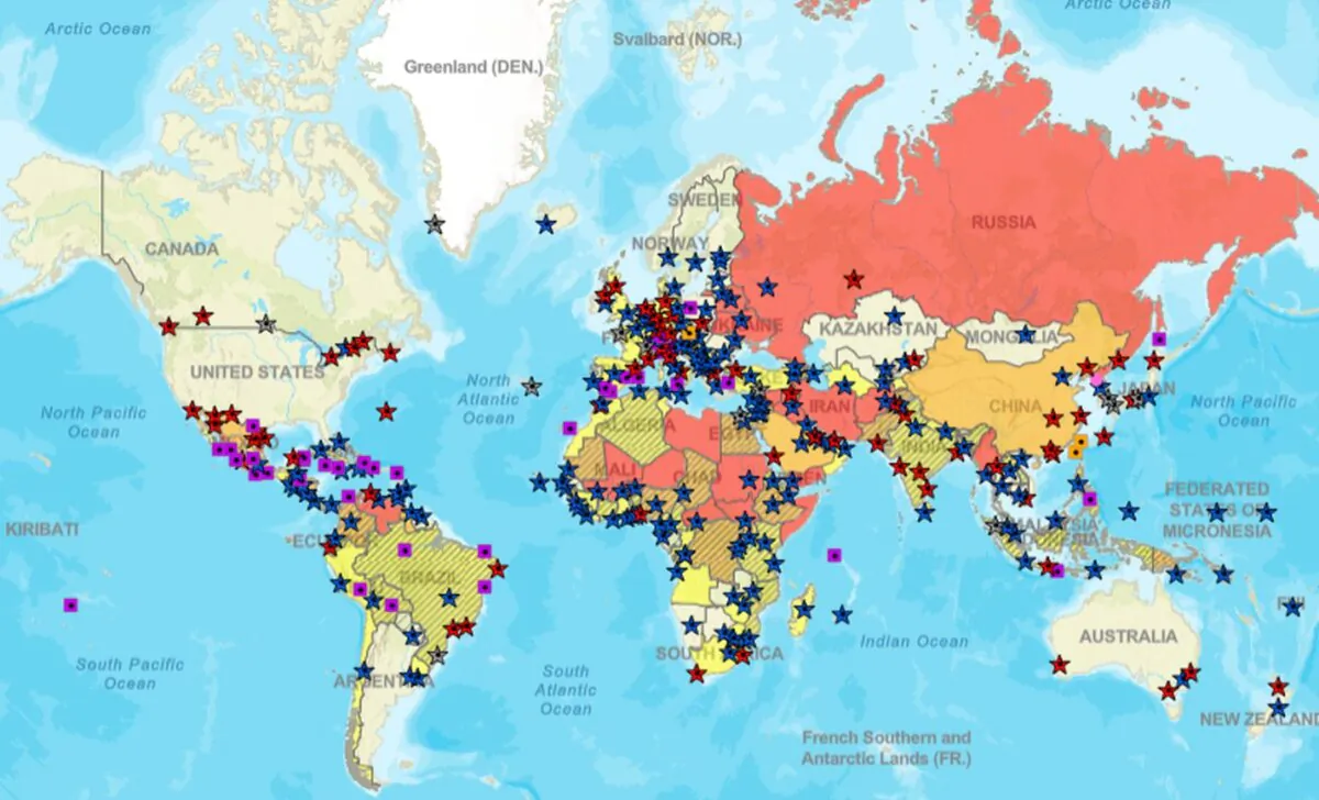 A U.S. State Department map shows the travel alerts worldwide. Countries marked in dark red are places where Americans should not travel. (State Department website / Epoch Times screenshot)