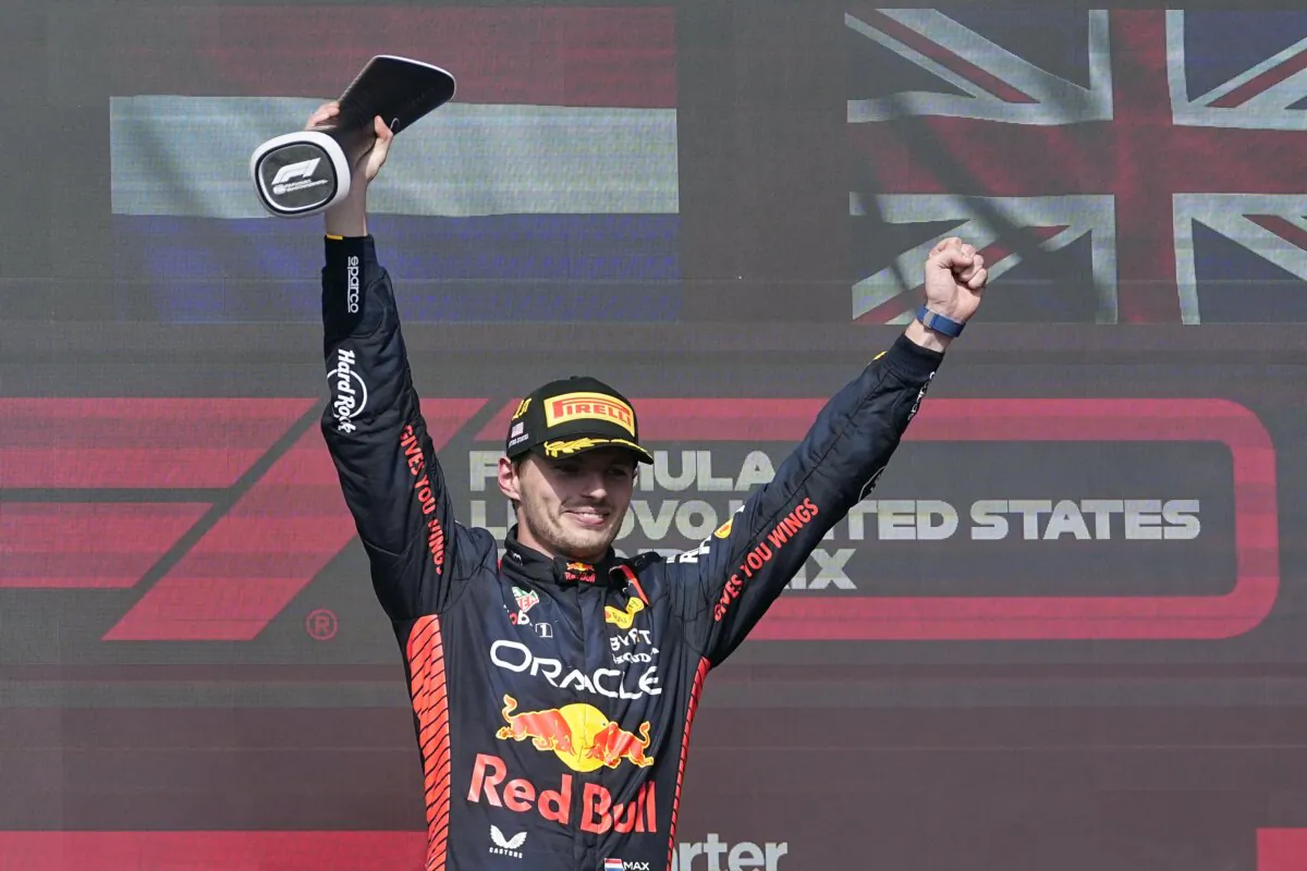 Red Bull driver Max Verstappen of the Netherlands celebrates on the podium after winning the Formula One U.S. Grand Prix auto race at Circuit of the Americas in Austin, Texas, on Oct. 22, 2023. (Darron Cummings/AP Photo)