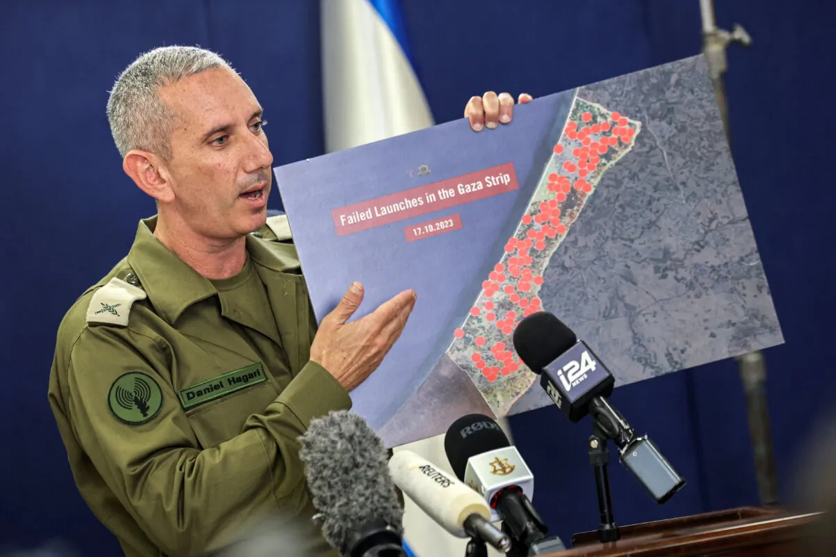 Israeli army spokesman Rear Adm. Daniel Hagari speaks to the press from The Kirya, which houses the Israeli Ministry of Defence, in Tel Aviv, Israel, on Oct. 18, 2023. (Gil Cohen-Magen/AFP via Getty Images)