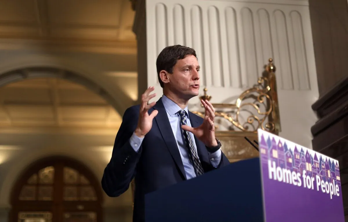 Premier David Eby speaks at a press conference in the rotunda at the legislature in Victoria, on Oct. 16, 2023. (The Canadian Press/Chad Hipolito)
