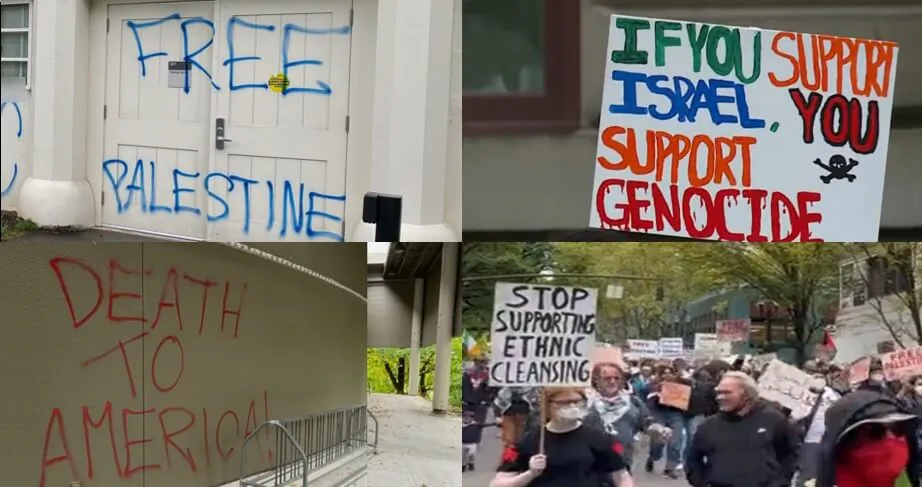 Some pro-Palestinian protesters in Portland equate Israel with genocide and ethnic cleansing. (Courtesy of Oregon Taxpayers Association, Oct. 22, 2023.)
