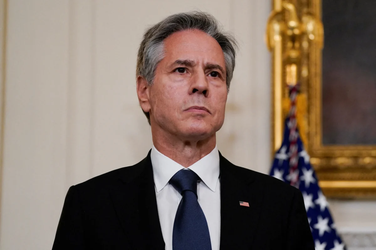 Secretary of State Antony Blinken looks on, as President Joe Biden (not pictured) speaks about the conflict in Israel, after Hamas launched its biggest attack in decades, while making a statement about the crisis, at the White House on Oct. 7, 2023. (Elizabeth Frantz/Reuters)