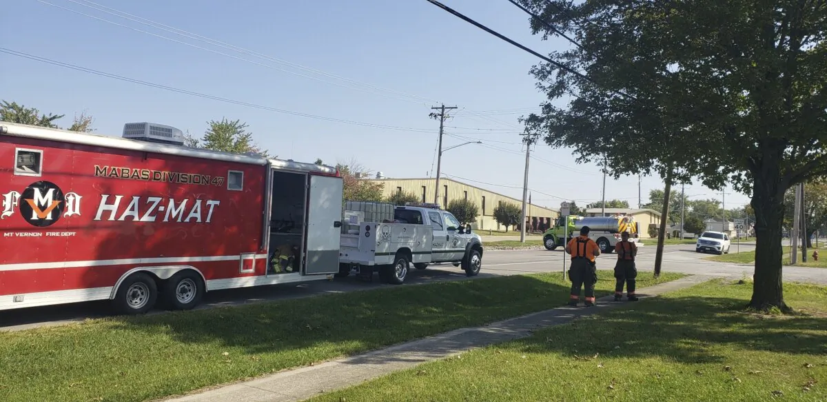 Emergency responders set up a staging area near Teutopolis High School in Teutopolis, Ill.,  Sept. 30, 2023. (Jeff Long/Effingham Daily News via AP)