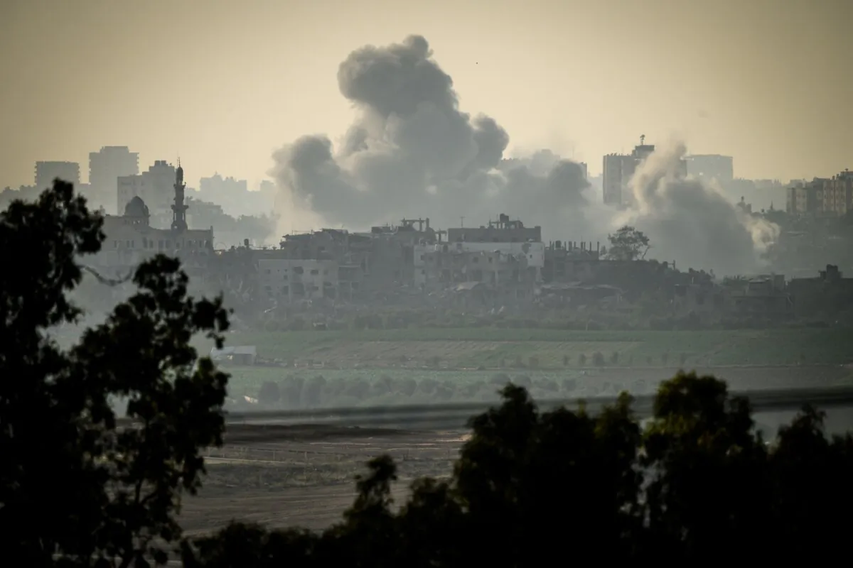 An incoming Israeli military strike on buildings in Gaza City, as seen from the border area near Sderot Israel on Oct. 23, 2023. (Leon Neal/Getty Images)
