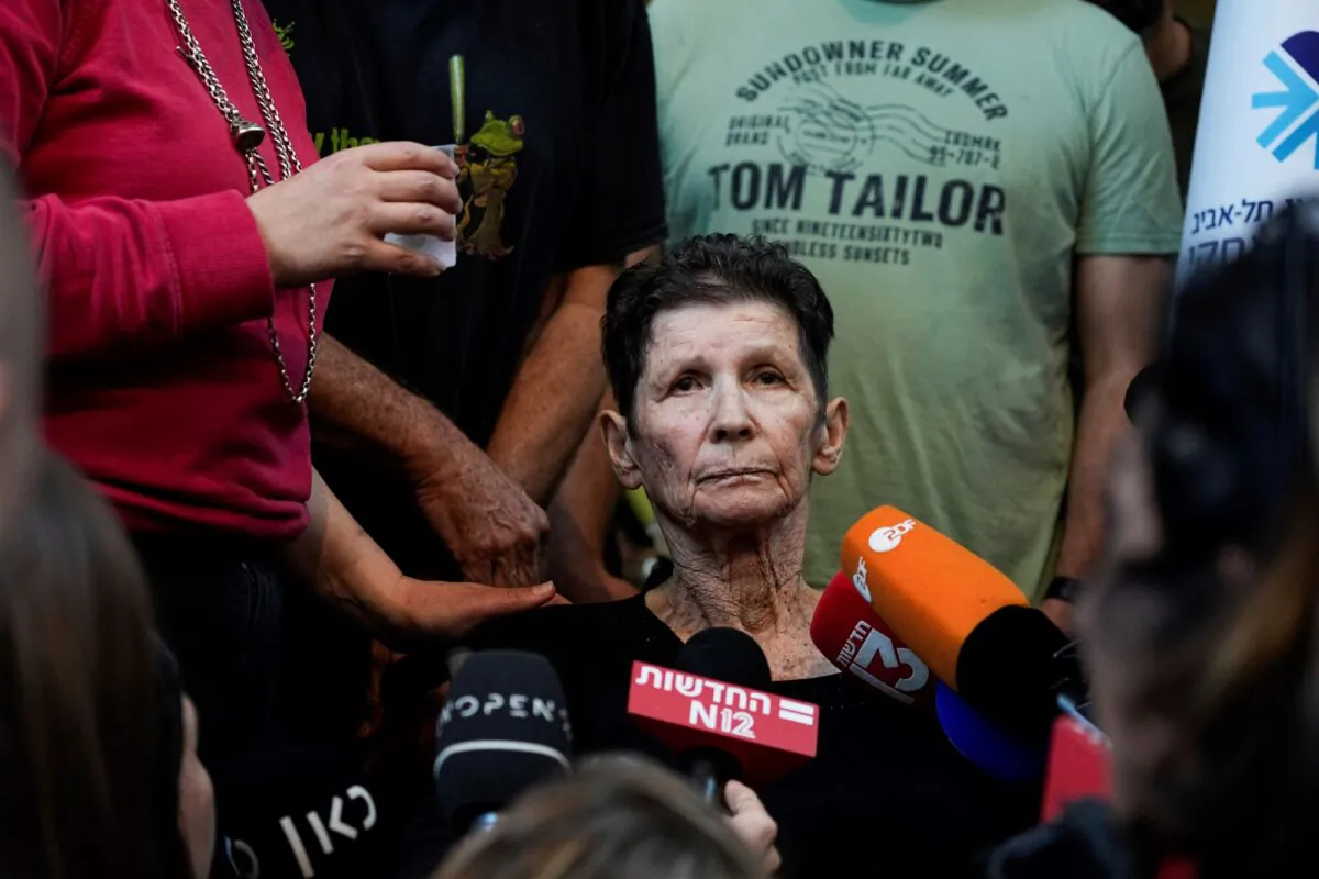 Yocheved Lifshitz, who was held hostage in Gaza, speaks to members of the press a day after being released by Hamas terrorists, at Ichilov Hospital in Tel Aviv, Israel, on Oct. 24, 2023. (Ariel Schalit/AP)