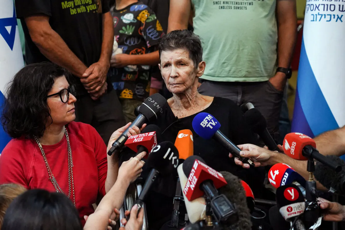 Yocheved Lifshitz, 85, an Israeli grandmother who was held hostage in Gaza, speaks to members of the press after being released by Hamas, at Ichilov Hospital in Tel Aviv, Israel, on Oct. 24, 2023. (Janis Laizans/Reuters)