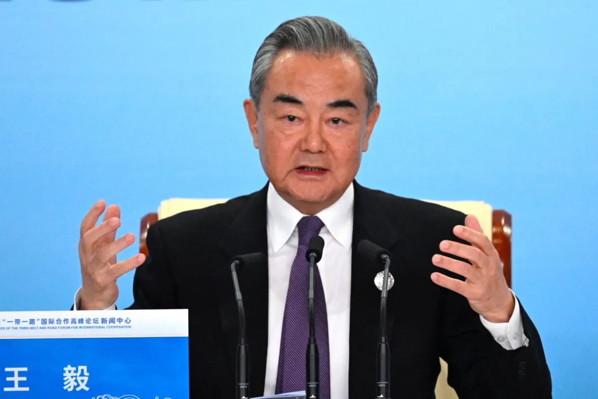 China's top diplomat Wang Yi answers a question at a press briefing during the Third Belt and Road Forum for International Cooperation in Beijing on Oct. 18, 2023. (Wang Zhao/AFP via Getty Images)