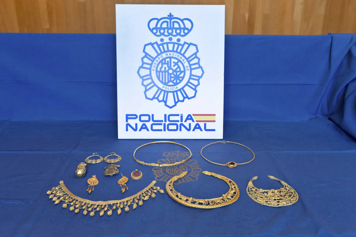 Pieces of ancient gold jewelery are displayed after being recovered in Spain, on Oct. 23, 2023. (Policia Nacional via AP)
