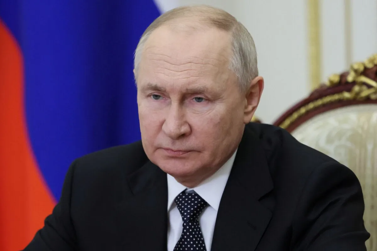 Russian President Vladimir Putin chairs a meeting with members of the Security Council via video link at the Kremlin in Moscow on Oct. 20, 2023. (Sputnik/Gavriil Grigorov/Pool via Reuters)