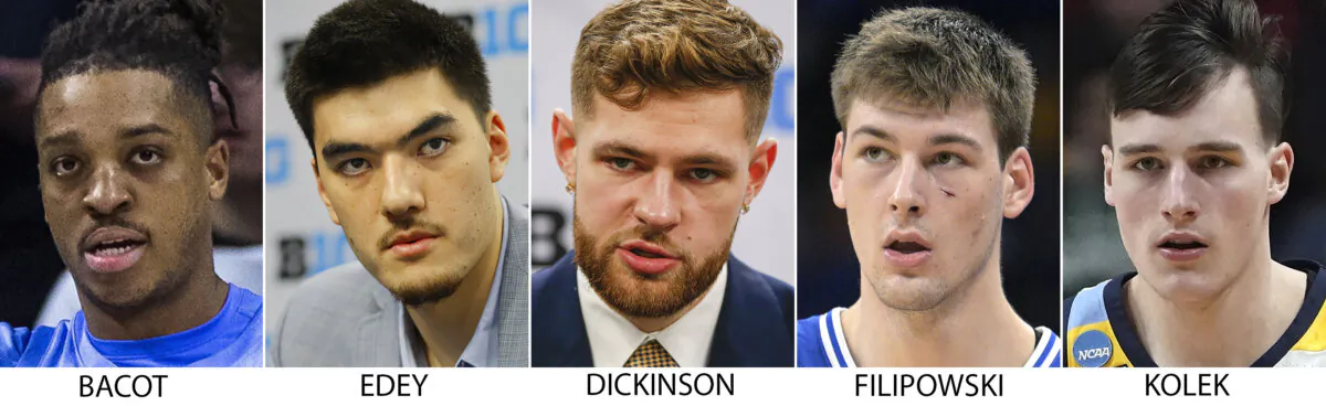 Members of the preseason AP All-America men’s NCAA college basketball team, revealed from left; Armando Bacot, North Carolina; Zach Edey, Purdue; Hunter Dickinson, Kansas; Kyle Filipowski, Duke and Tyler Kolek, Marquette, on Oct. 23, 2023. (File/AP Photo)