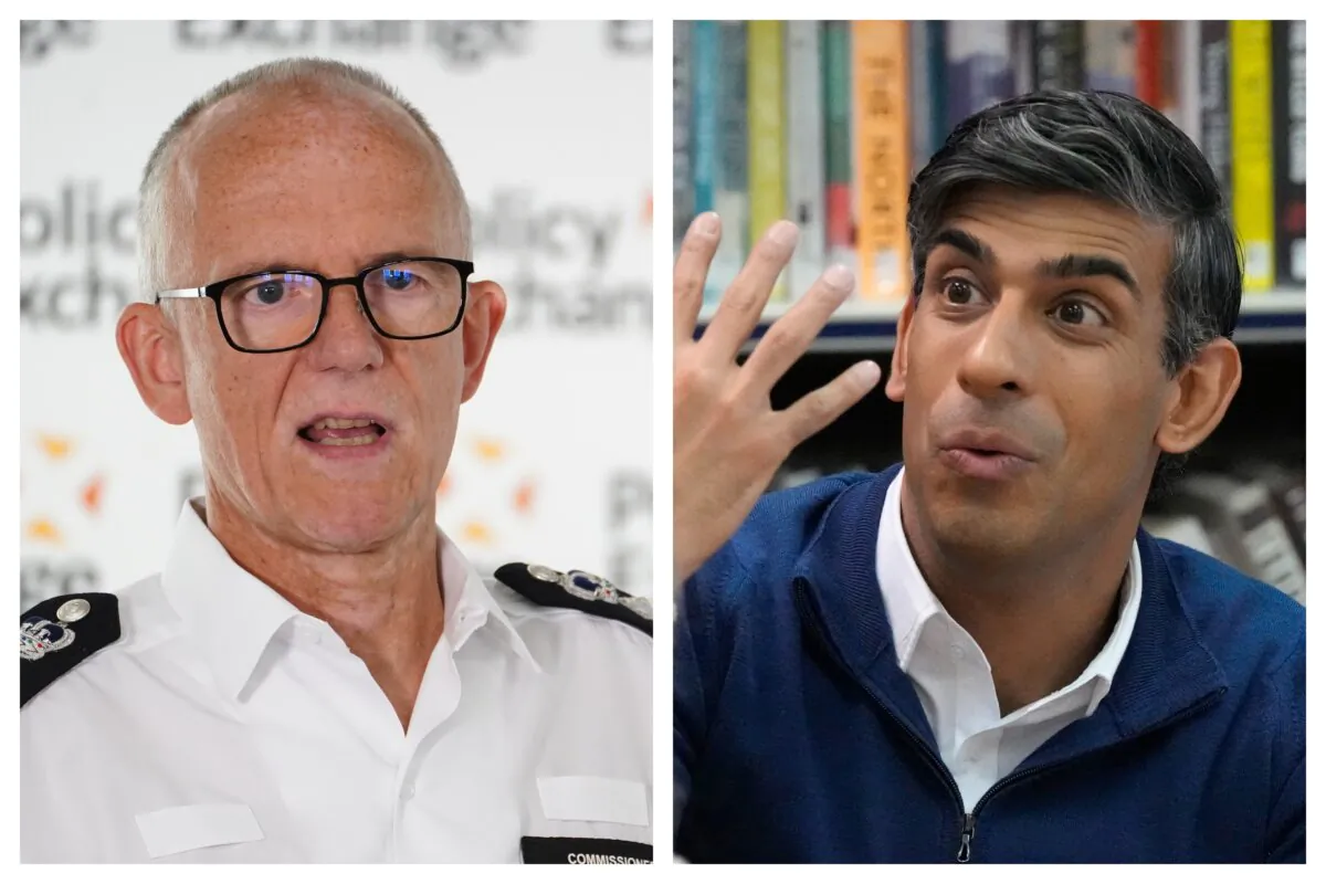 (L) Metropolitan Police Commissioner Sir Mark Rowley in London on Sept. 11, 2023. (James Manning/PA) (R) Prime Minister Rishi Sunak during a visit to Clacton Library in Clacton-on-Sea, Essex, on Oct. 18, 2023. (Frank Augstein/PA)