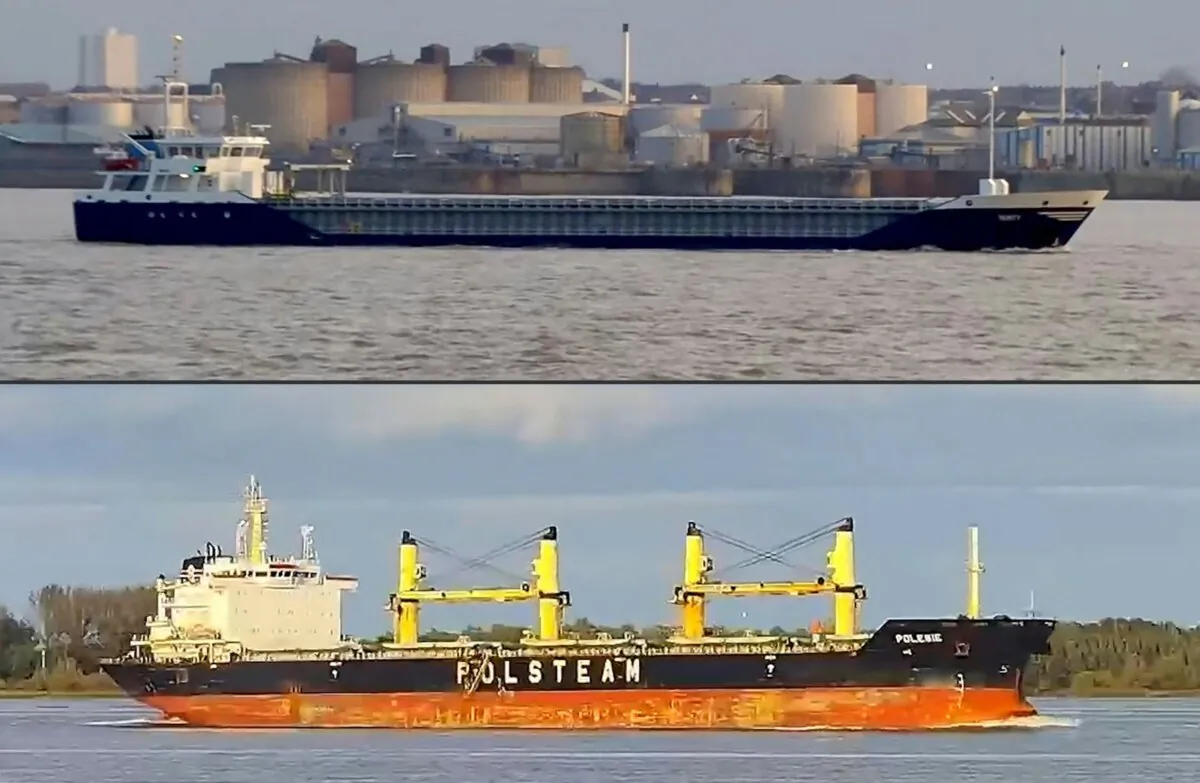 This combination of pictures shows grabs taken on Oct. 24, 2023 from undated videos showing the Verity cargo ship (top) and the Polesie cargo ship in Hamburg, northern Germany. (Stringer/NEWS5/AFP via Getty Images)