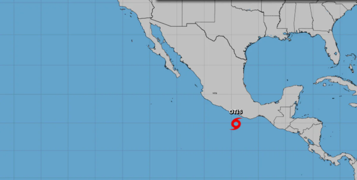 Tropical Storm Otis was about 155 miles (250 kilometers) south-southeast of Acapulco on Tuesday morning with winds of 70 mph (110 kph). It was moving north-northwest at 8 mph (13 kph) on Oct. 24, 2023. (NOAA)