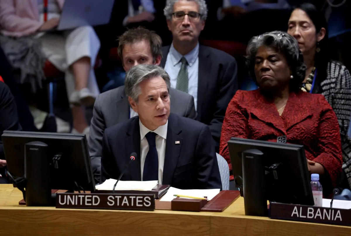 U.S. Secretary of State Antony Blinken speaks during a meeting on the conflict between Israel and the Palestinian Islamist group Hamas at U.N. headquarters in New York on Oct. 24, 2023. (Shannon Stapleton/Reuters)