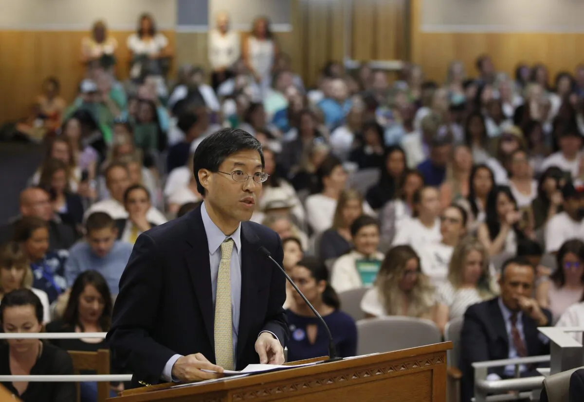 State Sen. Dr. Richard Pan (D-Sacramento) urges lawmakers to approve his proposal to give state public health officials instead of local doctors the power to decide which children can skip their shots before attending school, at the Capitol in Sacramento, Calif., on April 24, 2019. (Rich Pedroncelli/AP Photo)