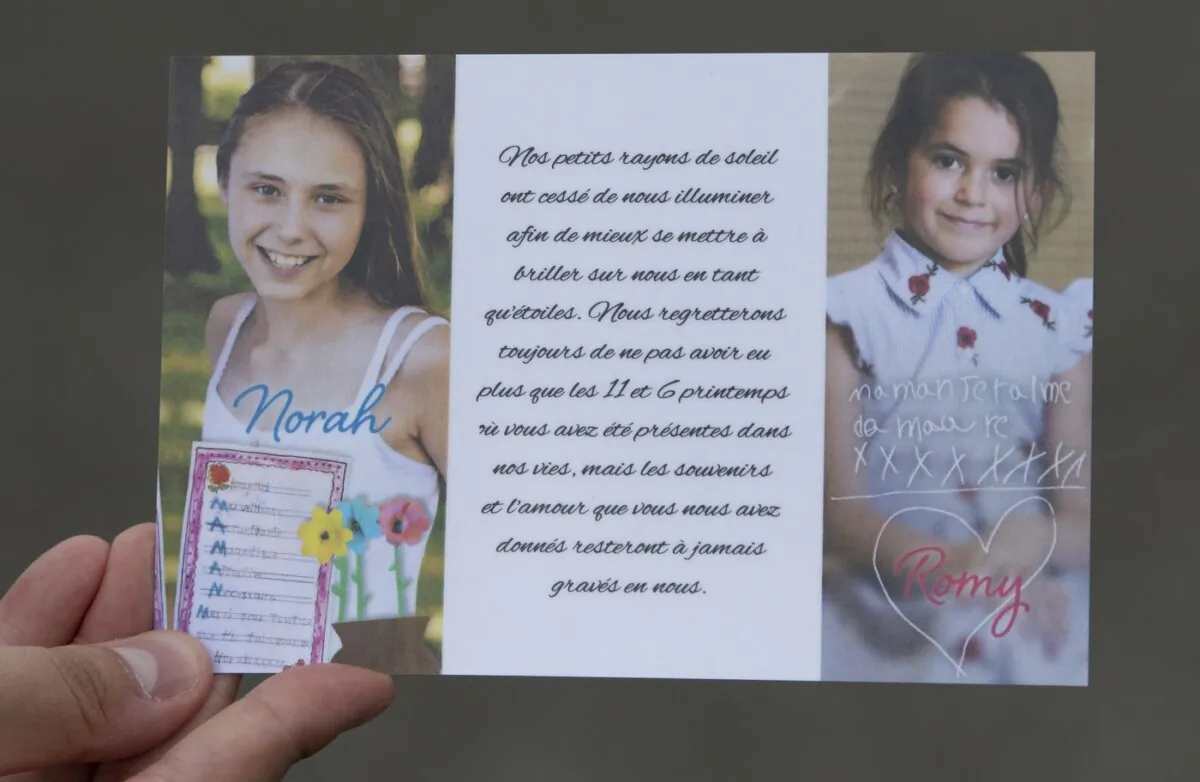 A card distributed by the family depicts Romy (R) and Norah Carpentier, at a funeral home in Levis, Que., on July 20, 2020.  (The Canadian Press/Jacques Boissinot)