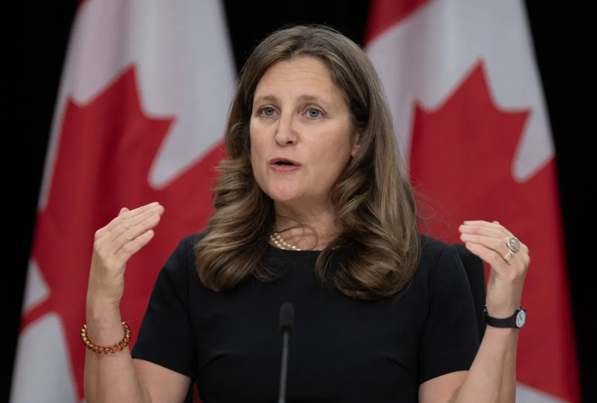 Deputy Prime Minister and Minister of Finance Chrystia Freeland responds to a question during a news conference in Ottawa on Oct. 24, 2023. (The Canadian Press/Adrian Wyld)