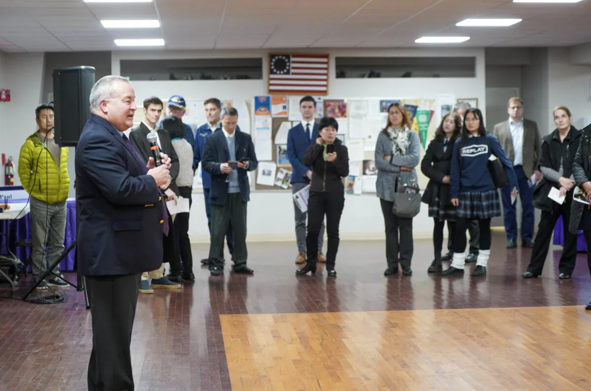 Middletown City Judge and Orange County Court candidate Richard Guertin gives a speech at a meet-and-greet event hosted by the Asian American Advisory Committee in Otisville, N.Y., on Oct. 23, 2023. (Cara Ding/The Epoch Times)