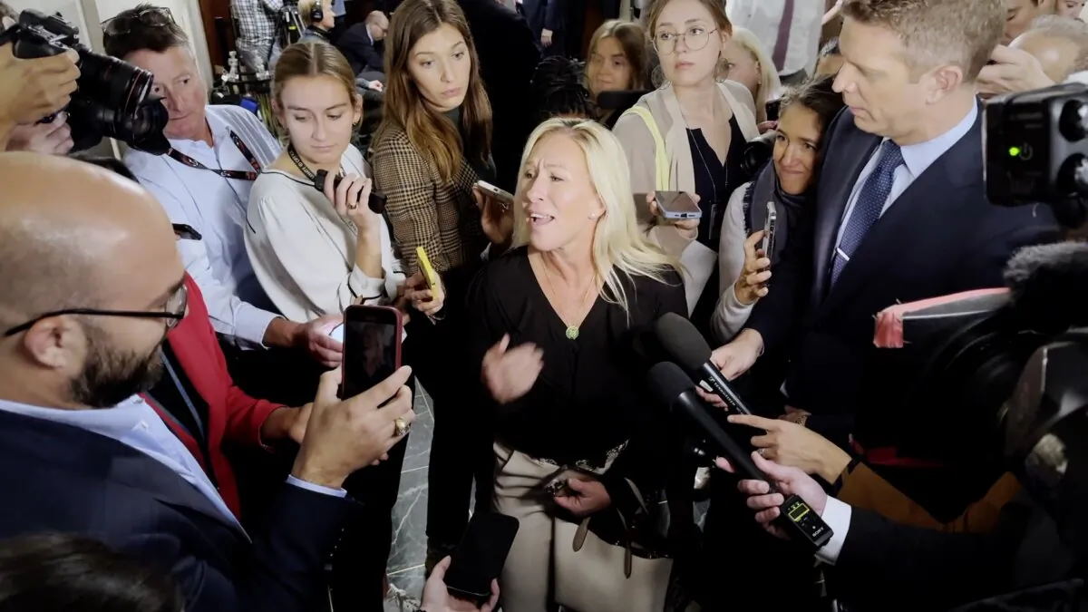 Rep. Marjorie Taylor Greene (R-Ga.) speaks to reporters on Capitol Hill on Oct. 24, 2023. (Screenshot via NTD)