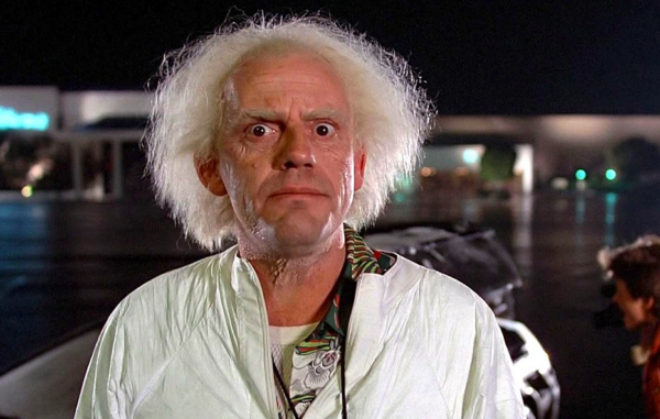 man with white hair and shirt in BACK TO THE FUTURE