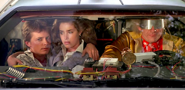 3 people in a time-machine in BACK TO THE FUTURE