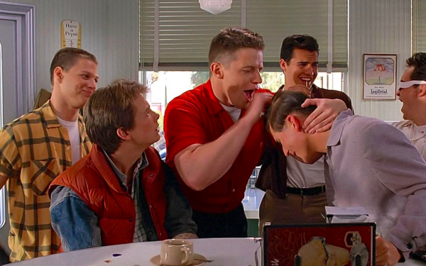 boys rough-housing in a diner in BACK TO THE FUTURE